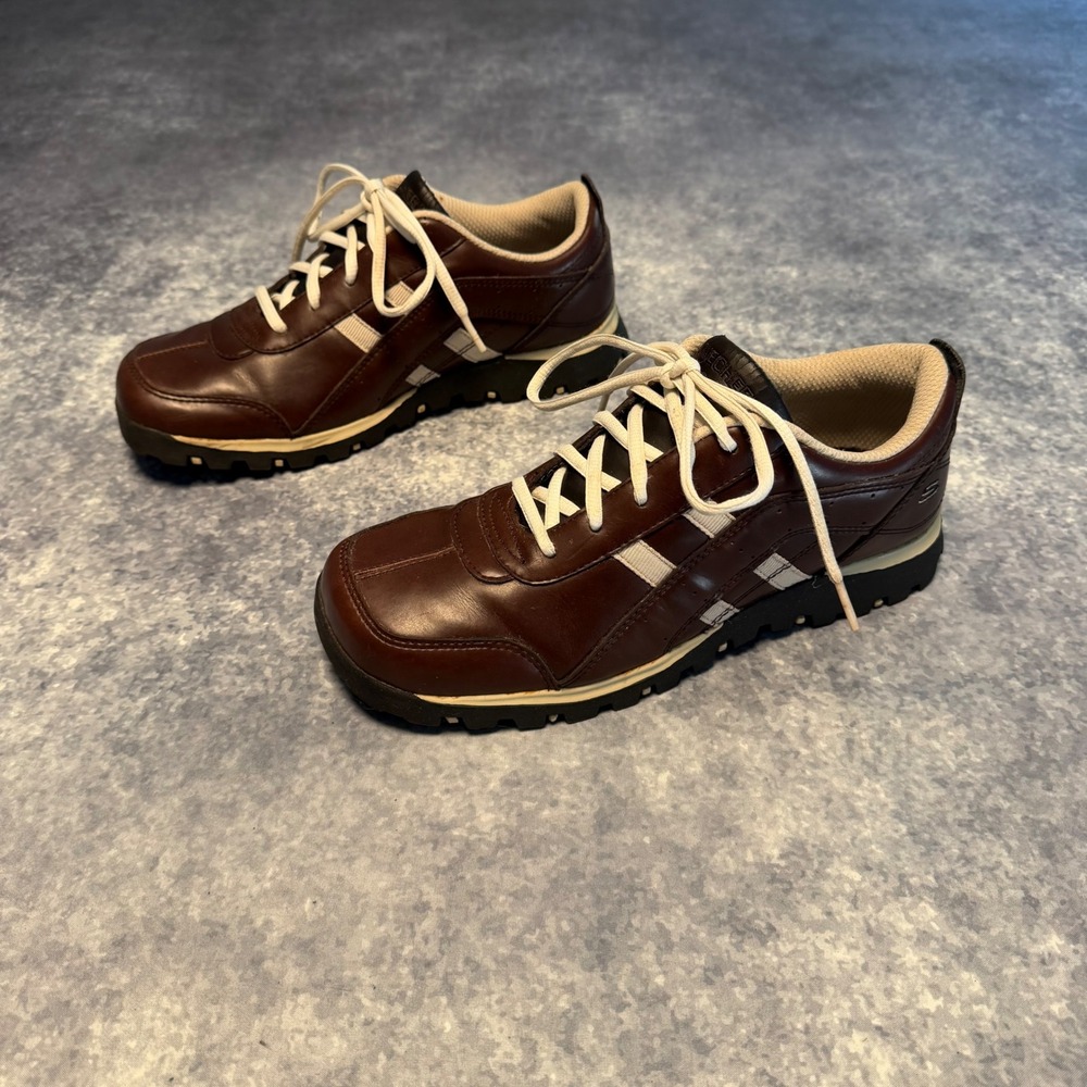 Vtg Skechers Tredds Chunky Leather Sneaker Brown Square Toe Lug Sole Women 8.5